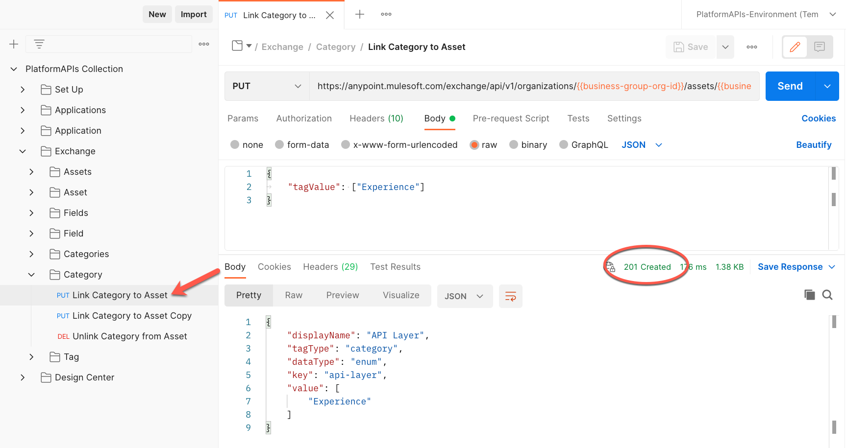 Create Category Postman request