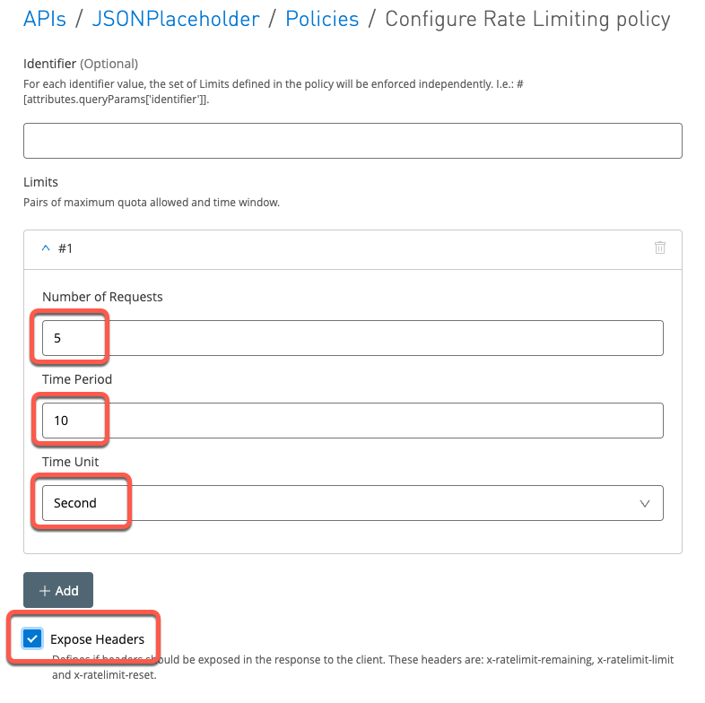 API Manager > Add policy > rate limiting